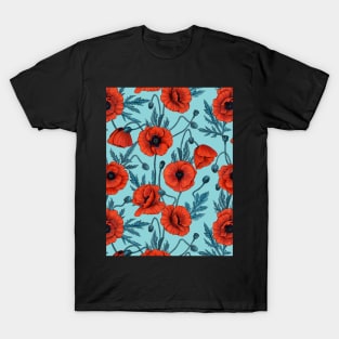 Poppies, red and blue on pool blue T-Shirt